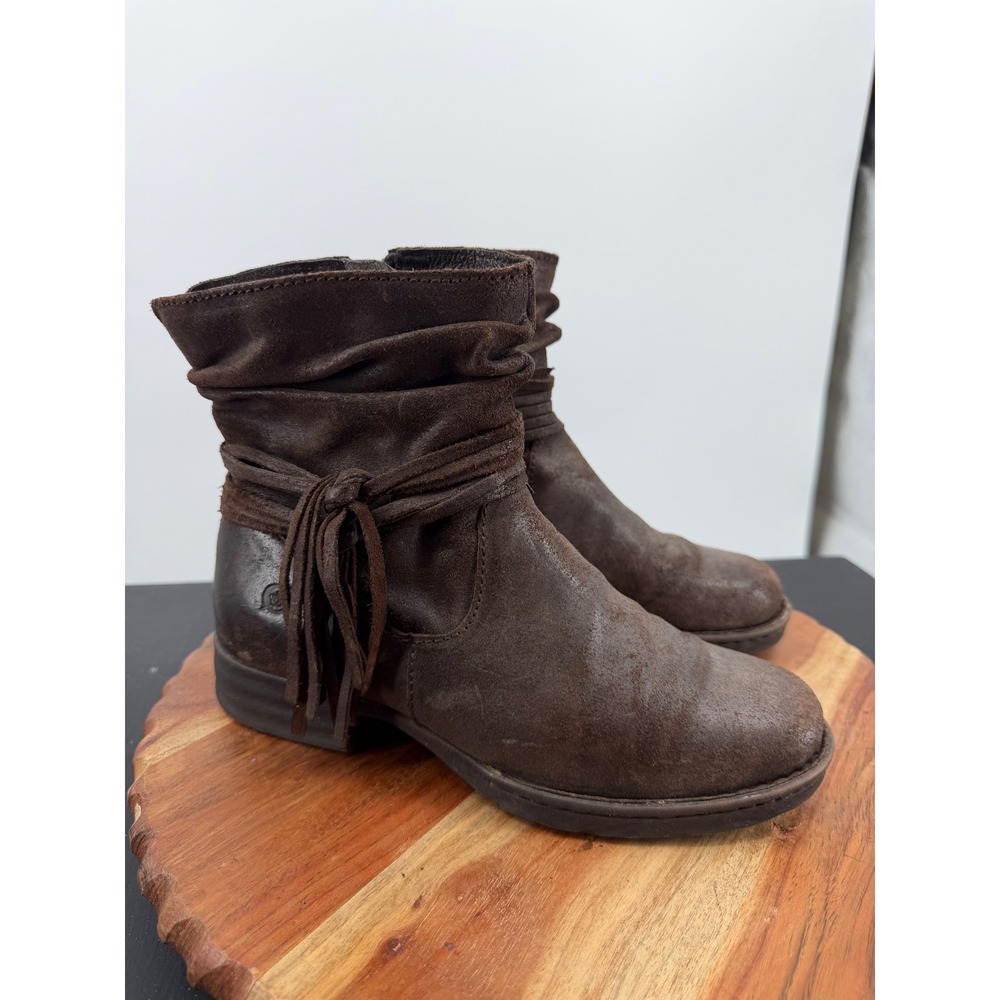 Born Ankle Boots‎ sz 6.5 Brown Leather Suede Slouchy Fringe Tassel D70323 CQF15
